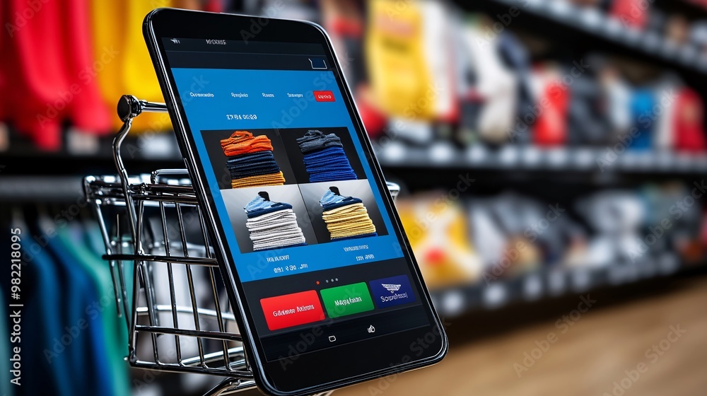 Poster a mobile shopping app filled with product listings, interrupted by colorful pop-up discount alerts. 
