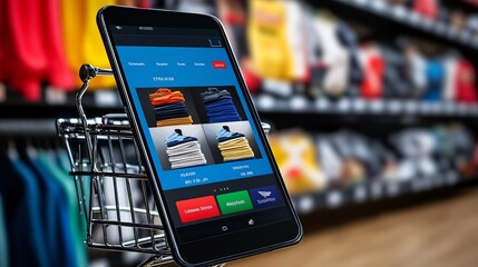 A mobile shopping app filled with product listings, interrupted by colorful pop-up discount alerts. The image captures the fast-paced nature of online shopping during promotions and the ease of