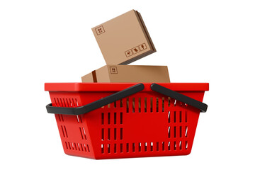 Fototapeta premium 3d Shopping cart basket with cardboard boxes inside cart icon isolated on purple background. Online Shopping, E-Commerce Concept. Minimal Empty Plastic shopping basket cart icon creative. 3d render.