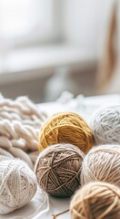 Knitting. Balls of cotton and wool yarn in warm tones on a white table. Boho, bed tones, orange, pink, turquoise, hobby