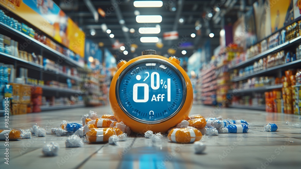 Aufkleber A dynamic image of a countdown timer for a flash sale with discounted products surrounding it. Bold sale tags show before and after prices, enhancing the feeling of urgency for quick purchases. Large
