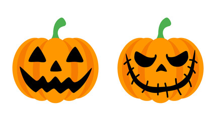 Pumpkin head set. Cute and scary halloween pumpkin monster set. Holidays cartoon character in flat style collection. Halloween pumpkins concept
