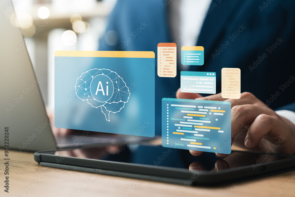 Poster ai technology, artificial intelligence in work to help maximize efficiency, businessman uses ai tech