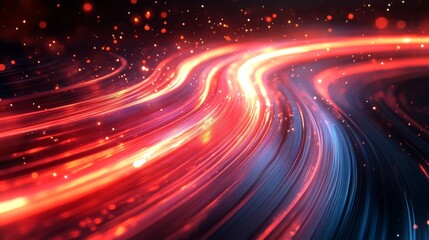 Obraz premium Abstract red lines depict the speed of the road in red. Red light trails on a dark background, with a high speed and fast motion blur effect. Design of a postcard, banner, website