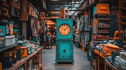 A bright countdown clock in the center of the image, surrounded by items with their prices reduced for a flash sale. The atmosphere is filled with urgency as the clock nears its end. Large space for