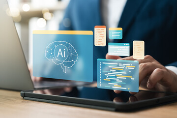 AI technology, artificial intelligence in work to help maximize efficiency, businessman uses AI...