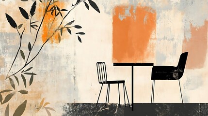 A minimalist illustration of a table and chairs with abstract background elements.