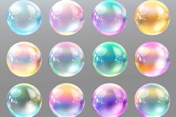 Obraz premium Rainbow gradient bubbles floating on a vibrant abstract background with light reflections and bokeh effect - Generative ai. Beautiful simple AI generated image