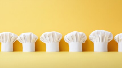 A simple yet elegant display of white chef hats on a pastel yellow background, perfect for highlighting culinary skill.
