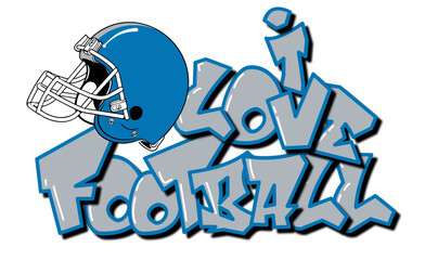 I Love Football - silver and blue Football player Helmet, sport vector graphics for street art - graffiti lettering typography - art illustration - multicolor - writen Word -