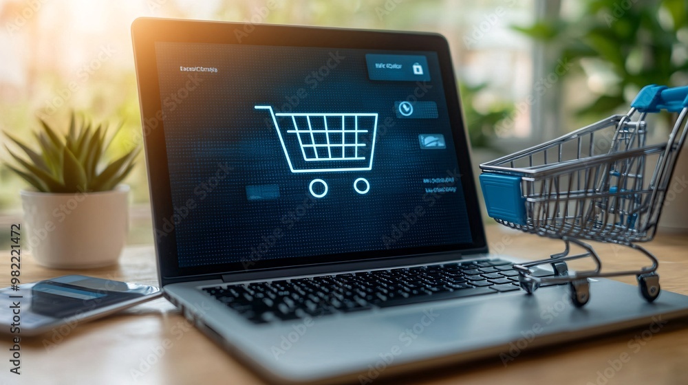 Poster A close-up of a laptop screen with an online shopping cart and a secure checkout button. The image highlights the ease and security of digital payments with a credit card and e-wallet options