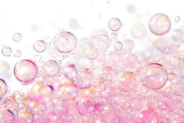 Fototapeta premium Rainbow gradient bubbles floating on a vibrant abstract background with light reflections and bokeh effect - Generative ai. Beautiful simple AI generated image