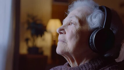 Elderly Woman Enjoying Music in Headphones