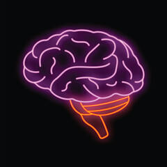 Neon human brain glowing on a black background illustrating a concept from the medical field