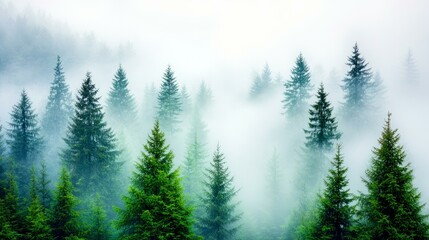 Fototapeta premium A serene forest enveloped in mist, showcasing tall evergreens and a tranquil atmosphere reflecting nature's beauty.