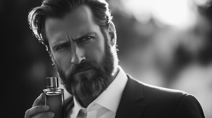 A distinguished man in a suit holds a fragrance bottle, exuding confidence during a sunset in an elegant urban setting