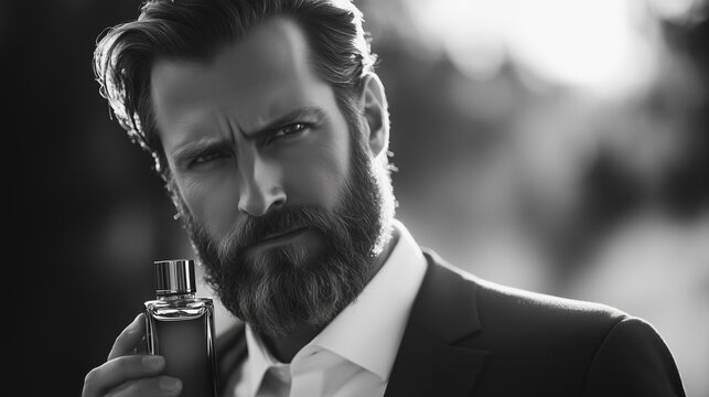 A distinguished man in a suit holds a fragrance bottle, exuding confidence during a sunset in an elegant urban setting
