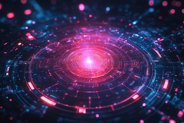 Abstract circular design with glowing pink and blue lines on black background.