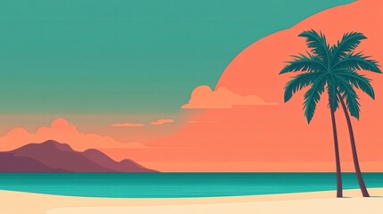 Obraz premium A serene tropical landscape featuring palm trees against a vibrant sunset over the ocean, perfect for relaxation and escape.
