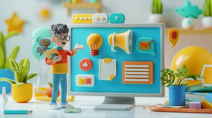 Obraz premium Cartoon Character Presenting Digital Marketing Strategy on a Computer Monitor