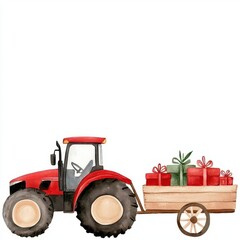 A farm tractor pulling a wagon filled with Christmas presents, watercolor illustration, isolated on white background