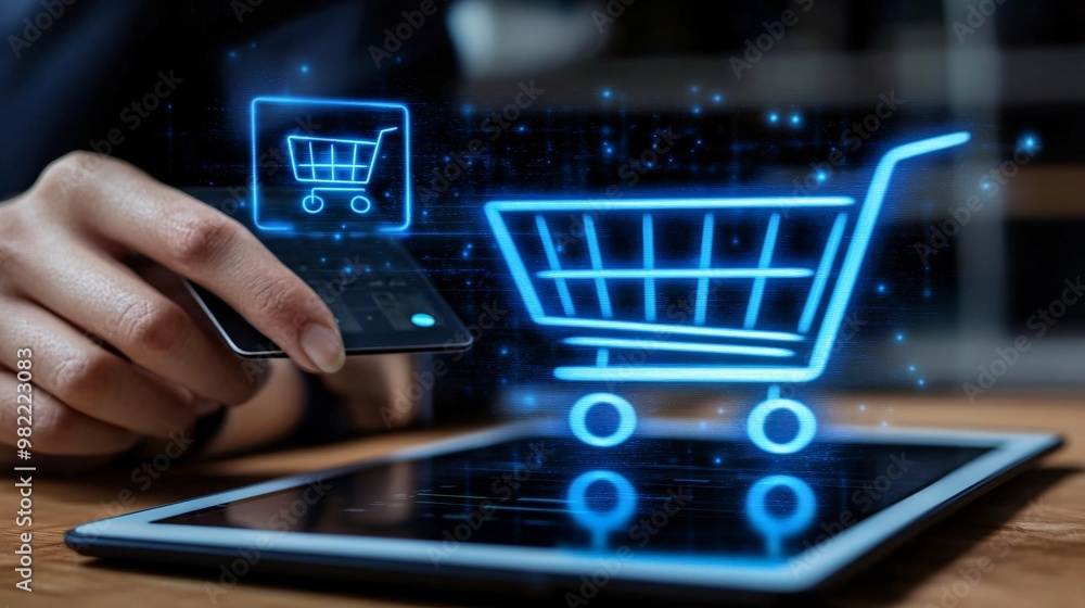 Poster A person entering payment information on a tablet for an online purchase, with a secure checkout button glowing on the screen. The image conveys trust in digital transactions and ease of payment