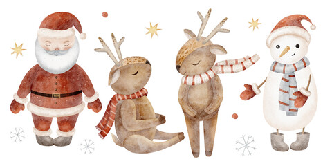 Santa, cute Father Frost, deer, snowman in Christmas scarf, stars, snowflakes. Hand-drawn watercolor illustration, isolated from background, for New Year's cards, posters tableware children's clothing