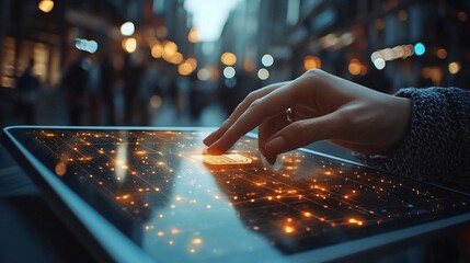 A person entering payment information on a tablet for an online purchase, with a secure checkout button glowing on the screen. The image conveys trust in digital transactions and ease of payment