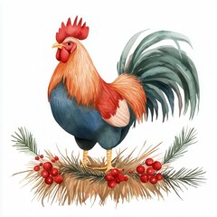 Fototapeta premium A festive rooster standing on a decorated hay bale, watercolor illustration, isolated on white background