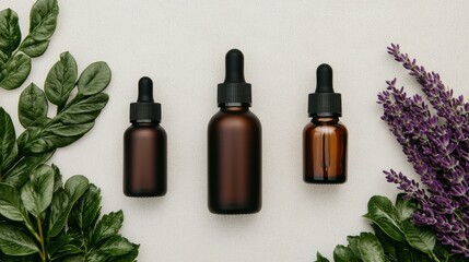 Fototapeta premium Elegant arrangement of essential oil bottles surrounded by greenery and lavender, perfect for wellness and beauty themes.