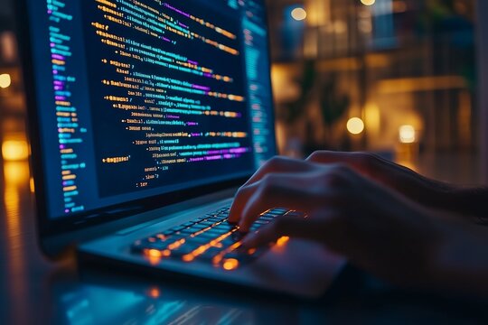 Closeup of hands typing on a keyboard with digital technology, software development concept. Coding programmer, software engineer working on laptop