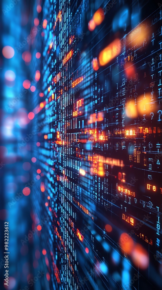 Poster abstract digital background with binary code and bokeh lights in blue and red colors.