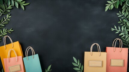 Stylish shopping bags with a dark background and leafy accents, perfect for sales promotions or seasonal marketing.