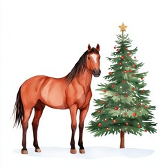 A horse standing next to a decorated Christmas tree in the snow, watercolor illustration, isolated on white background