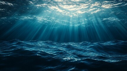 Underwater View of Sunlight Beams Illuminating Ocean Waves