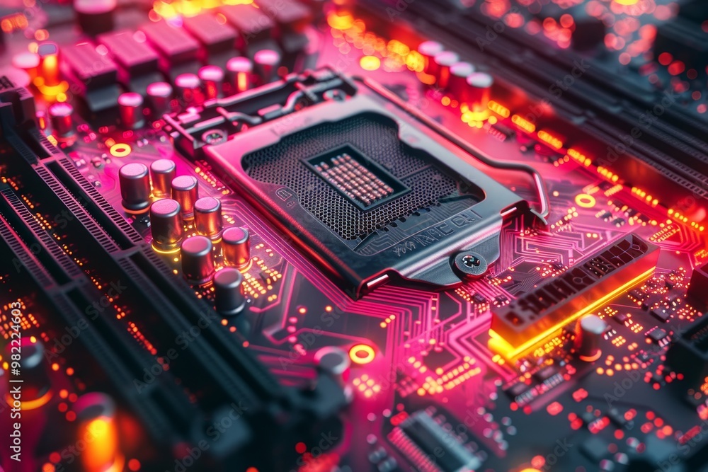 Poster 3d rendering of a cryptocurrency mining motherboard with a colorful video card and cyber armor
