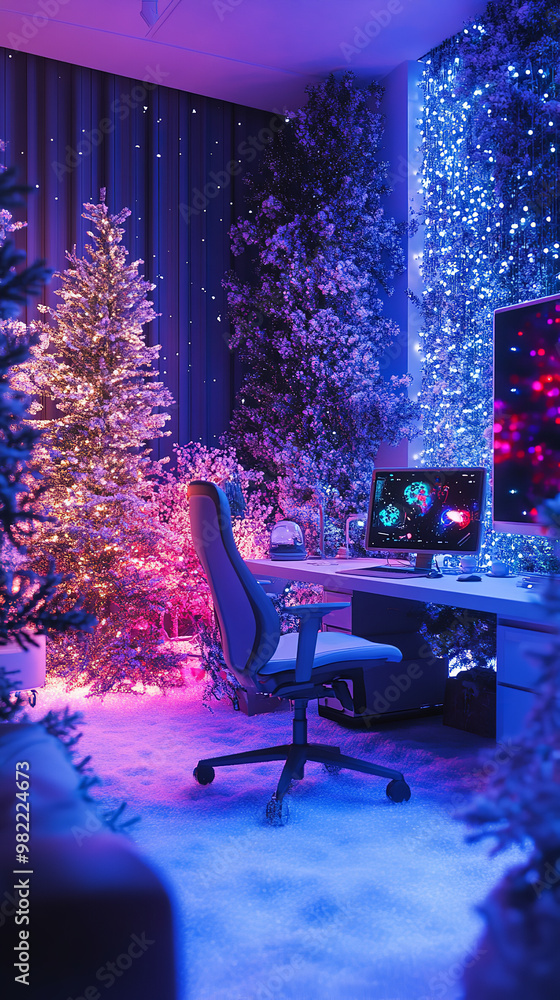 Canvas Prints Futuristic Open Office with Digital Christmas Decorations  