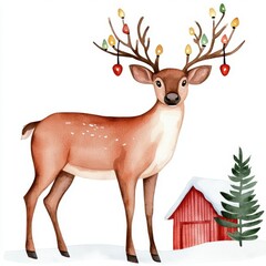 A reindeer standing in a snowy farmyard with holiday lights on the barn, watercolor illustration, isolated on white background