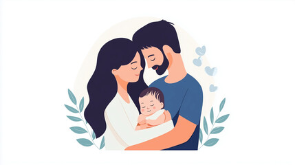 Abstract minimalist family illustration, bright and playful colors, parents cuddling their baby, soft lines and warm atmosphere, joyful family bond, copy space