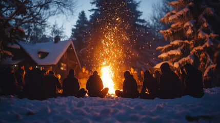 People gathered around bonfire in snowy winter evening. Pagan New Year celebration concept. Image for banner with copy space. 