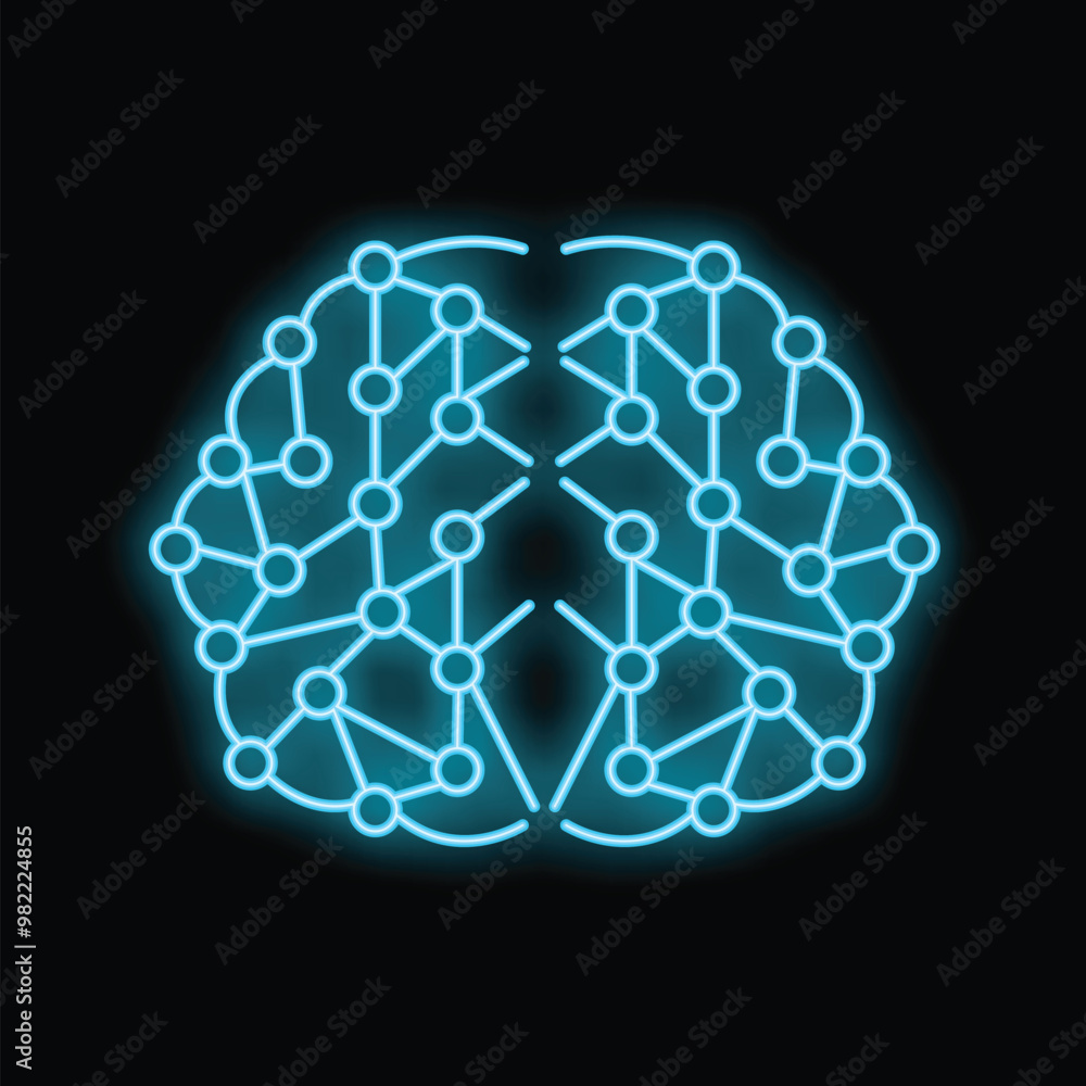 Aufkleber glowing neon blue lines form the shape of a brain with nodes connected by lines symbolizing a neural