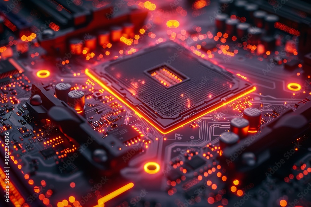 Poster realistic visualization of a cryptocurrency mining motherboard and cyber armor robot model