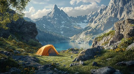 a tent standing near a mountain river