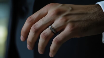 Groom's Elegance: Man's Hand Adorned with Wedding Ring, Symbol of Love and Commitment