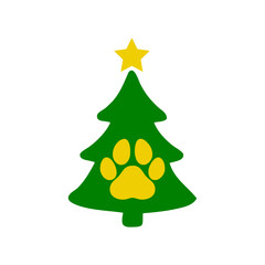 Navidad con mascotas. Logo con silueta de pata de gato o perro en árbol de navidad tipo pino o abeto con estrella para tarjetas y felicitaciones