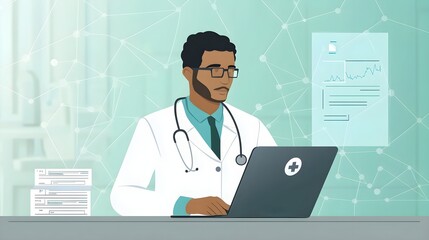 Doctor Using Laptop in Modern Office with Network Design