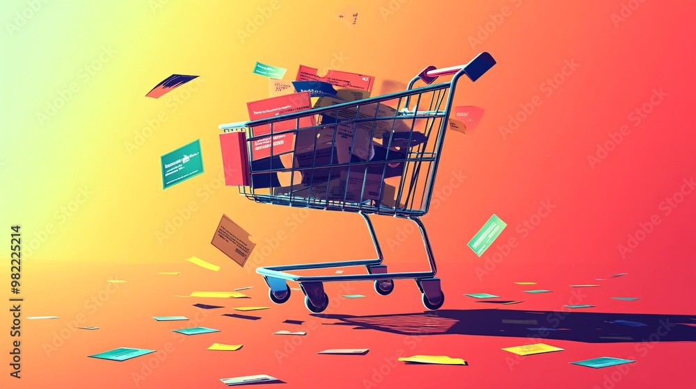 Poster digital illustration of a shopping cart with multiple discount tags attached, floating in a bright, 