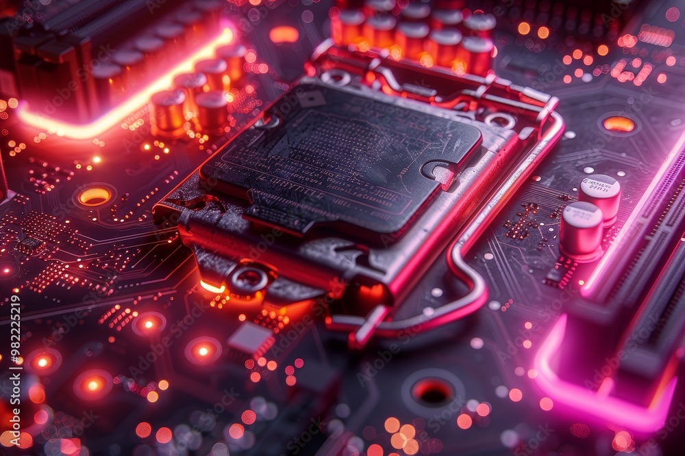 Poster realistic visualization of a cryptocurrency mining motherboard with multi colored video card design