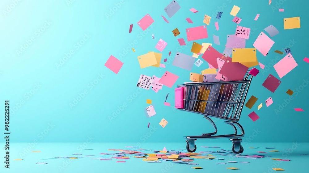 Poster digital illustration of a shopping cart with multiple discount tags attached, floating in a bright, 