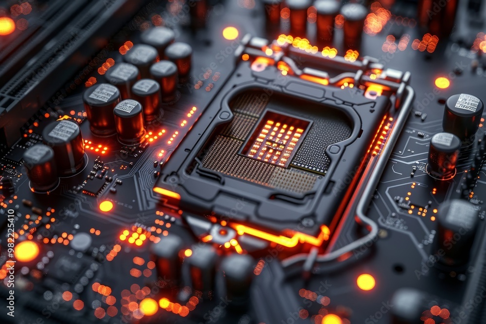 Poster realistic 3d rendering of a cryptocurrency mining motherboard and robotic cyber armor model